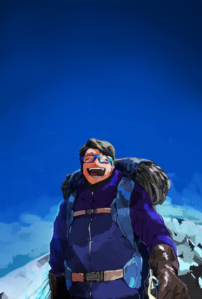 1boy, arm_at_side, backpack, bag, black_hair, black_jacket, blue-framed_eyewear, blue_sky