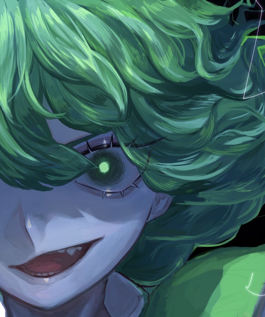 1girl, black_background, commentary_request, electricity, eyelashes, green_eyes, green_hair, guyamaru2002, hair_between_eyes, hair_over_one_eye, highres, looking_at_viewer, medium_hair, open_mouth, pale_skin, portrait, simple_background, smile, soga_no_tojiko, solo, teeth, touhou