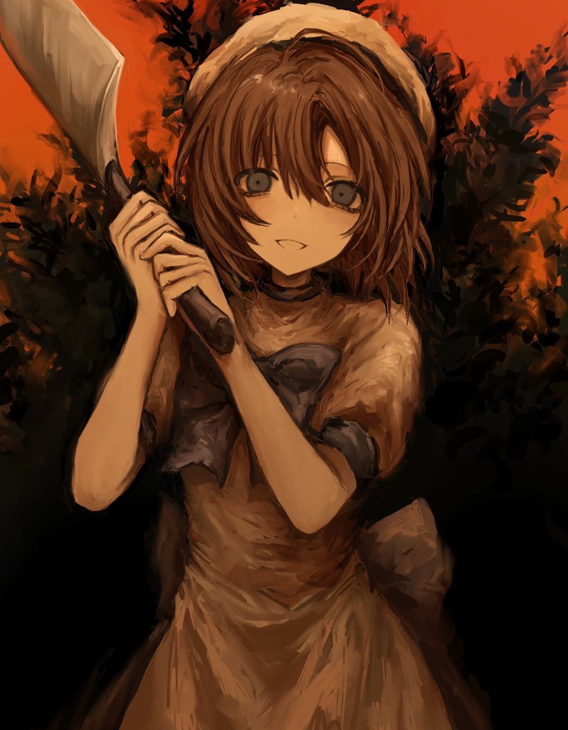 1girl, back_bow, blue_eyes, bow, brown_hair, chan8016, dress, empty_eyes