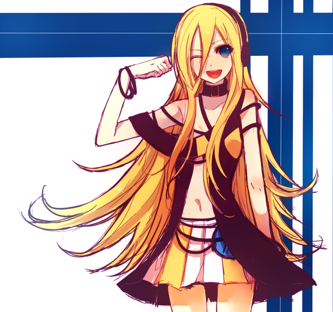1girl, blonde_hair, blue_eyes, female_focus, headphones, lily_(vocaloid), long_hair, navel