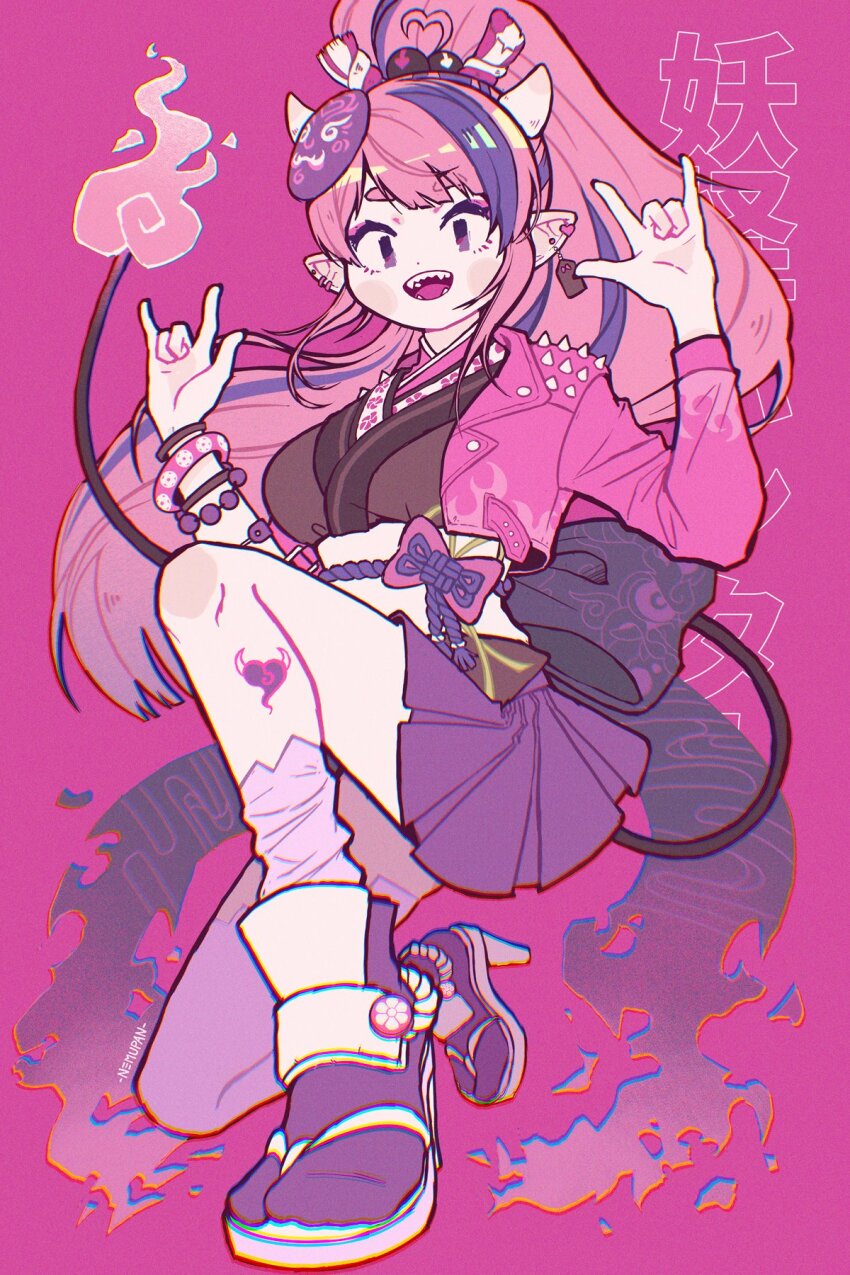 1girl, ahoge, breasts, cropped_jacket, demon_girl, demon_horns, demon_tail, earrings, heart, heart_ahoge, heart_tattoo, high_heel_sandals, high_heels, highres, horns, ironmouse, ironmouse_(yokai_hunter), jacket, japanese_clothes, jewelry, kimono, large_breasts, leg_tattoo, long_hair, looking_at_viewer, mask, mask_on_head, multicolored_hair, nemupan, okobo, pink_background, pink_hair, pink_jacket, platform_sandals, pointy_ears, ponytail, purple_eyes, purple_hair, purple_kimono, purple_skirt, purple_socks, sandals, sharp_teeth, short_eyebrows, skirt, smile, socks, solo, streaked_hair, tail, tattoo, teeth, virtual_youtuber, vshojo