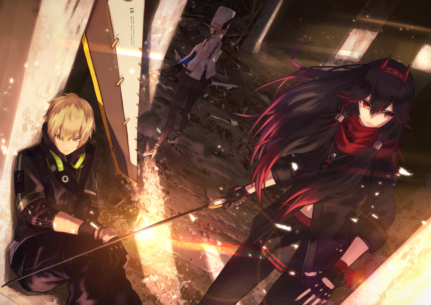 1boy, 2girls, absurdres, anklet, argyle_clothes, argyle_pantyhose, bianca:_zero_(pgr), bianca_(pgr)