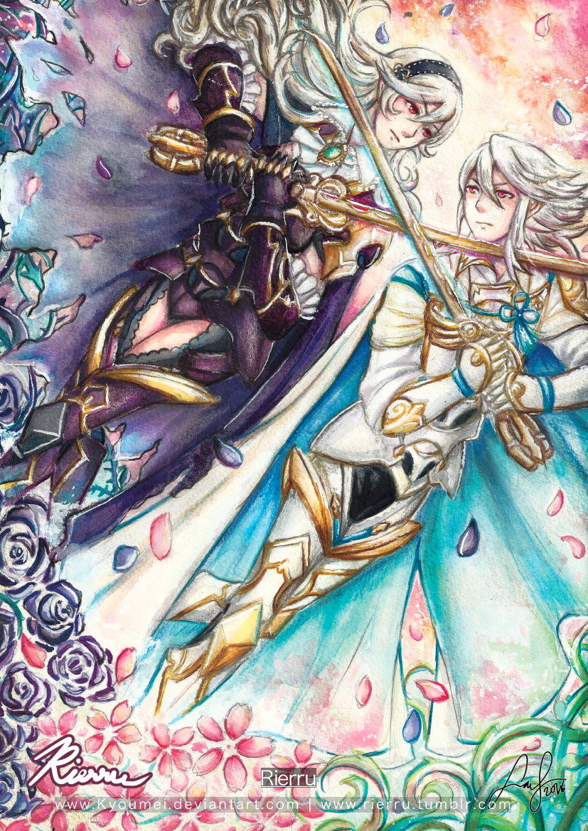 1boy, 1girl, armor, armored_leotard, armpits, artist_name, black_armor, black_cape, black_hairband, black_leotard, breasts, cape, cleavage, clenched_hands, female_corrin_(fire_emblem), female_corrin_(nohr_noble)_(fire_emblem), male_corrin_(fire_emblem), male_corrin_(hoshido_noble)_(fire_emblem), crossed_swords, deviantart_username, eye_contact, eyelashes, female_focus, fighting_stance, fire_emblem, fire_emblem_fates, flower, gauntlets, hair_between_eyes, hair_ornament, hairband, hands_up, holding, holding_sword, holding_weapon, intelligent_systems, legs, legs_together, leotard, leotard_under_clothes, long_hair, look-alike, looking_at_another, medium_breasts, medium_hair, neckerchief, nintendo, official_alternate_costume, petals, pointy_ears, red_eyes, revealing_clothes, rierru, rose_petals, sidelocks, source_request, standing, sword, thighhighs, thighs, traditional_media, wavy_hair, weapon, white_armor, white_cape, white_hair, yato_(fire_emblem)