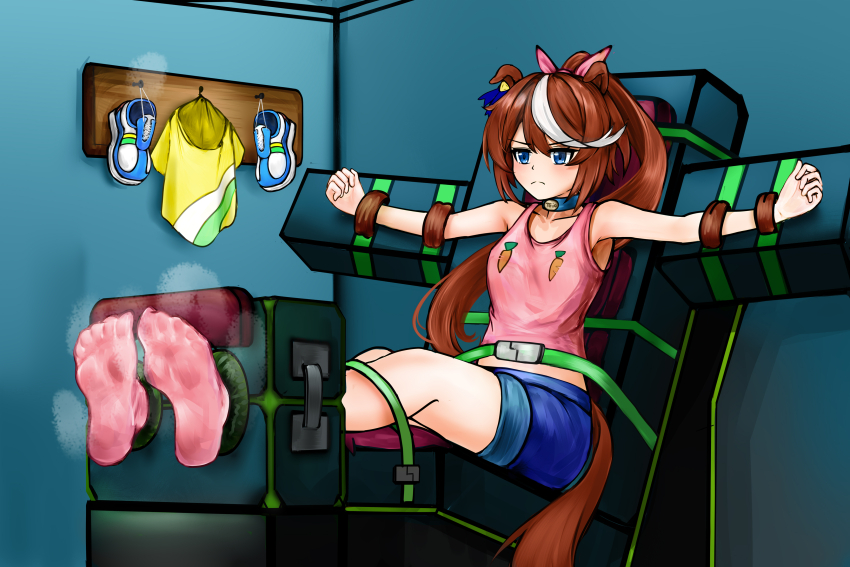 1girl, absurdres, barefoot, bdsm, bondage, bound, feet, foot_focus, tickling_feet, full_body, highres, horse_girl, indoors, no_shoes, smell, soles, steaming_body, tickling, toes, tokai_teio_(umamusume), umamusume, user_vztx4523