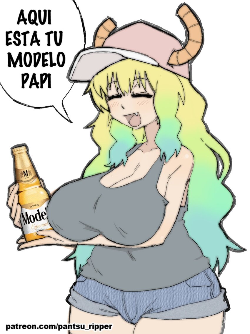 1girl, :d, beer_bottle, black_tank_top, blonde_hair, bottle, breasts, cleavage