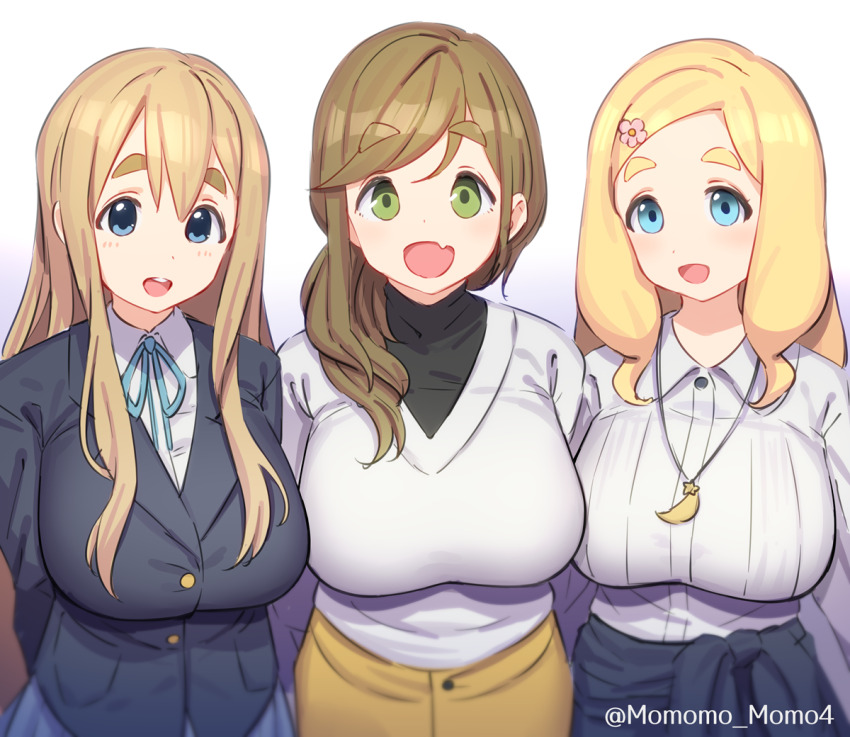 3girls, arms_behind_back, black_shirt, blonde_hair, blue_eyes, blue_ribbon, blue_skirt, blue_sweater, blush, breasts, brown_hair, collar, commentary, crossover, fang, flower, green_eyes, hair_between_eyes, hair_flower, hair_ornament, indie_virtual_youtuber, inuyama_aoi, jewelry, k-on!, kotobuki_tsumugi, lapels, large_breasts, long_hair, long_sleeves, looking_at_viewer, medium_hair, multiple_crossover, multiple_girls, necklace, notched_lapels, open_mouth, ribbon, sakuragaoka_high_school_uniform, school_uniform, shinonome_megu, shirt, sidelocks, simple_background, skirt, standing, straight_hair, sweater, untranslatable_commentary, thick_eyebrows, twitter_username, virtual_youtuber, white_background, white_shirt, winter_uniform, yellow_skirt, yoshiwa_tomo, yurucamp