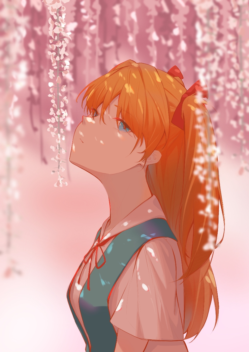 1girl, blue_eyes, blurry, blurry_background, bow, bowtie, collared_shirt, flower, from_side, hair_between_eyes, head_tilt, interface_headset_(evangelion), jitome, long_hair, neon_genesis_evangelion, orange_hair, pink_flower, plant, portrait, red_bow, red_bowtie, school_uniform, shirt, short_sleeves, solo, souryuu_asuka_langley, tokyo-3_middle_school_uniform, two_side_up, white_shirt, wisteria, yume_3327