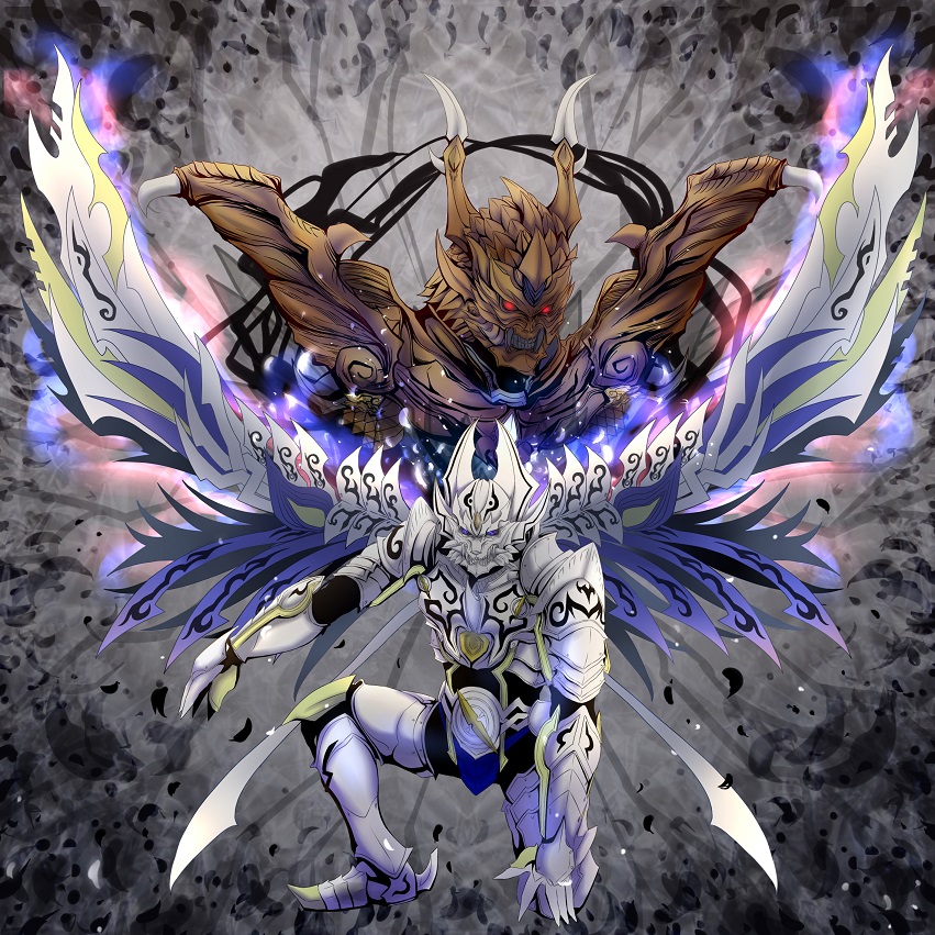 2boys, armor, full_armor, gairyu_(garo), garo_(tokusatsu_series), glowing, glowing_eyes, gradient_background, horns, multiple_boys, red_eyes, satoi_(baudy), sharp_teeth, teeth, tokusatsu, wings, zero_(garo), zero_dragon_blood_(series)