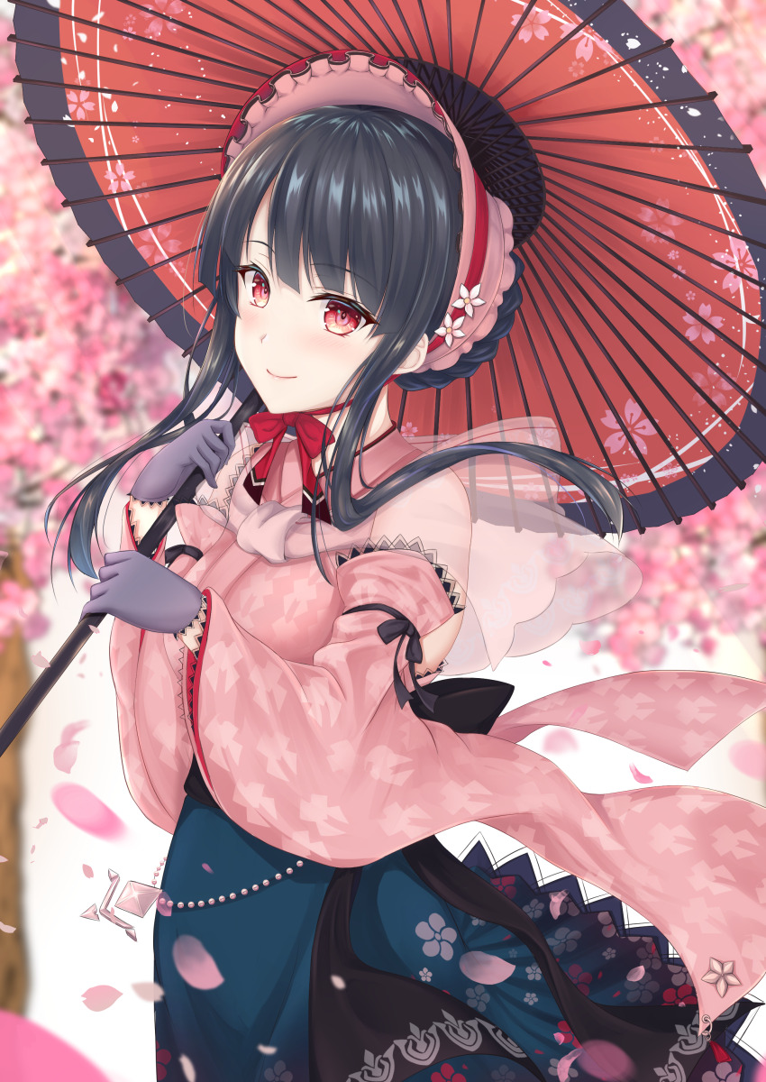 1girl, absurdres, bare_shoulders, black_hair, blunt_bangs, bonnet, cherry_blossom_print, cherry_blossoms