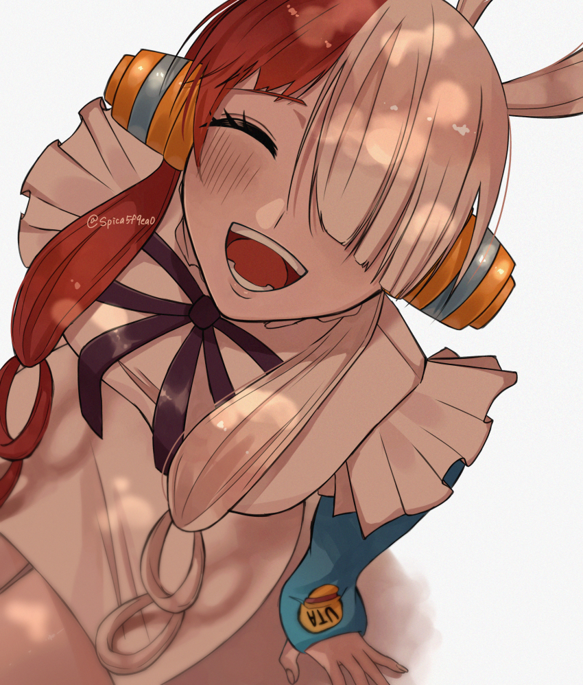 1girl, :d, ^_^, absurdres, arm_support, black_ribbon, blush, closed_eyes, dress, facing_viewer, hair_over_one_eye, hair_rings, headphones, highres, long_hair, long_sleeves, multicolored_hair, one_eye_covered, one_piece, one_piece_film:_red, open_mouth, red_hair, ribbon, smile, solo, spica_(spica5f9ea0), split-color_hair, teeth, twitter_username, uta_(one_piece), white_background, white_dress, white_hair