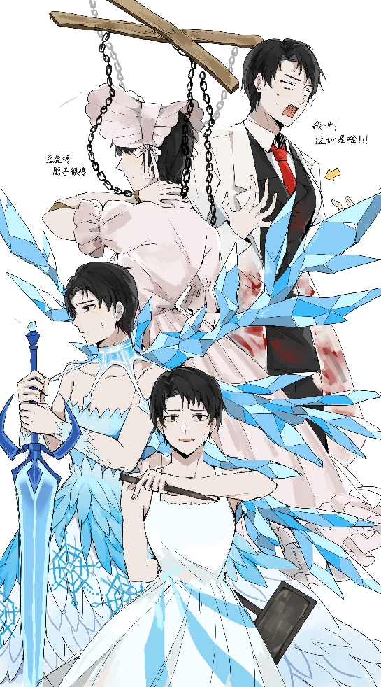 1boy, aliasing, blood, blood_on_clothes, bloodbath_(project_moon), blue_choker, blue_dress, bonnet