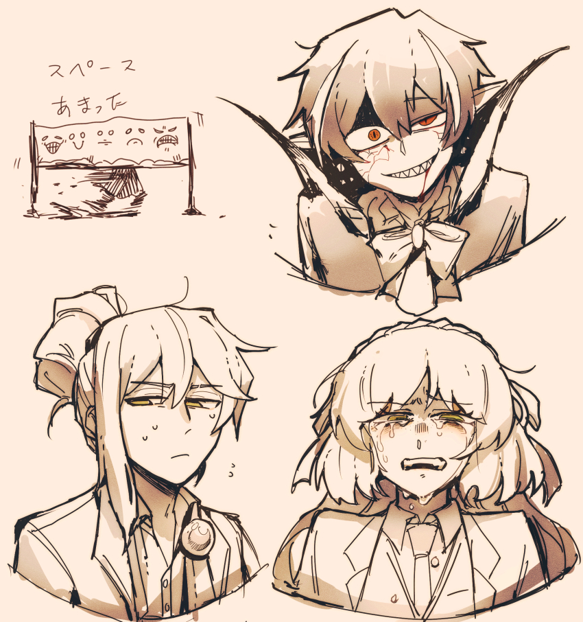 1boy, 2boys, blood, blush, crying, folded_ponytail, grin, highres