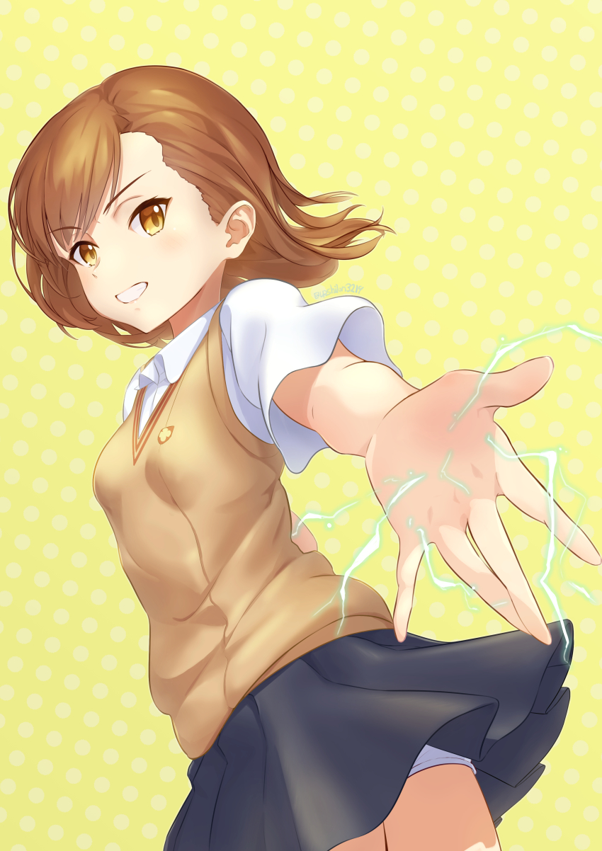 1girl, absurdres, artist_name, breasts, brown_eyes, brown_hair, brown_sweater_vest, collared_shirt