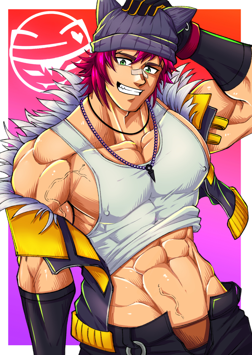1boy, abs, bandaid, bandaid_on_face, bandaid_on_nose, bara, black_gloves, black_jacket