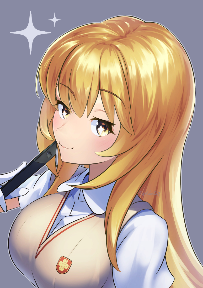 1girl, absurdres, blonde_hair, breasts, brown_sweater_vest, closed_mouth, collared_shirt, controller