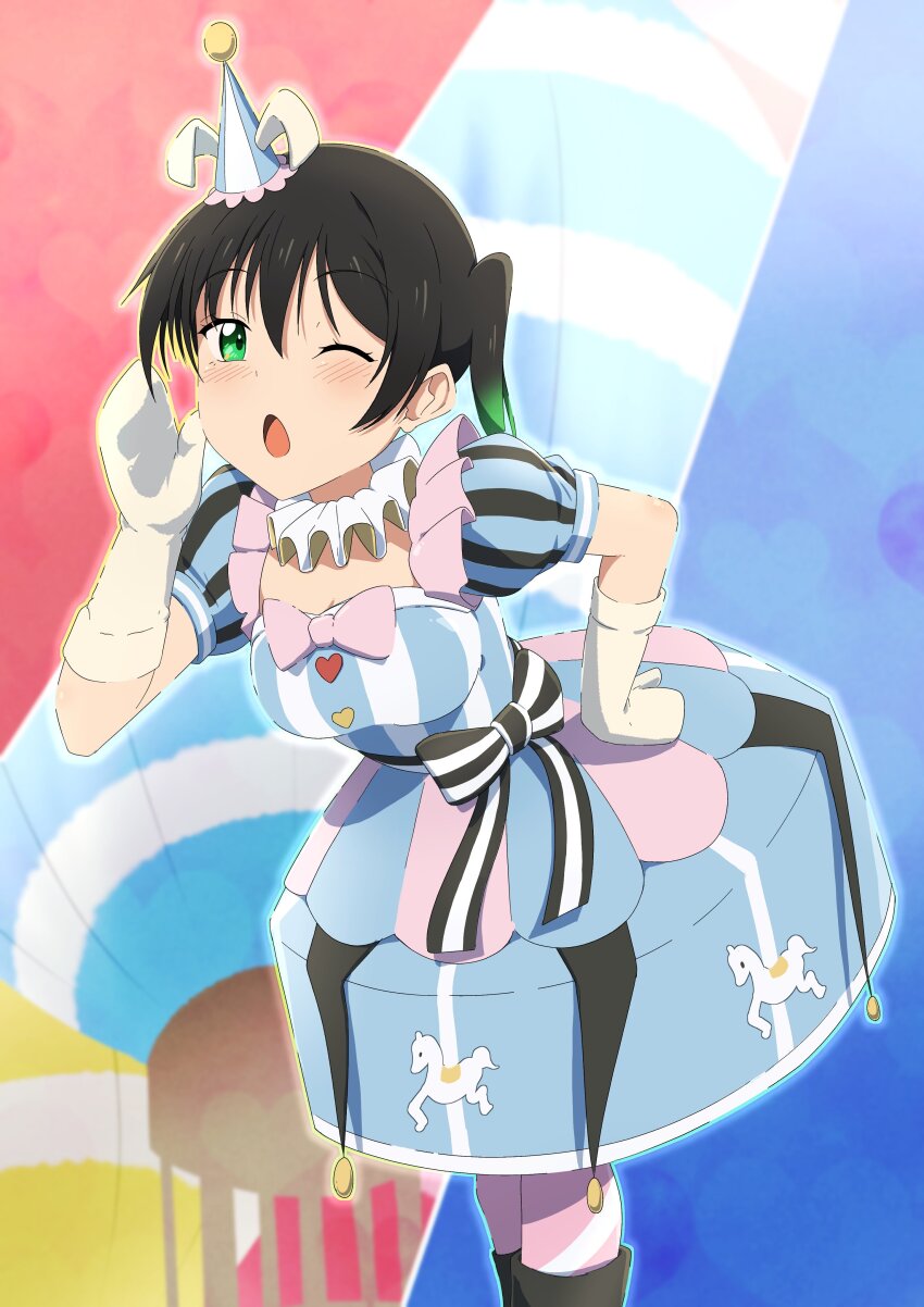 1girl, ;o, absurdres, arm_up, balloon, black_hair, boots, bow