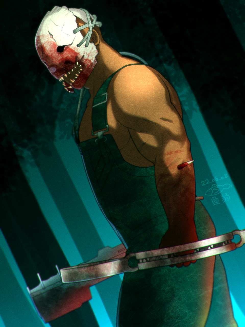 1boy, bara, blood, blood_on_arm, blood_on_mask, bloody_weapon, dark-skinned_male, dark_skin