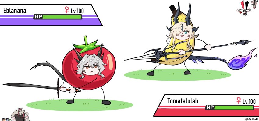 2girls, arknights, banana, battle, blonde_hair, blue_eyes, character_name, delphine_(arknights)