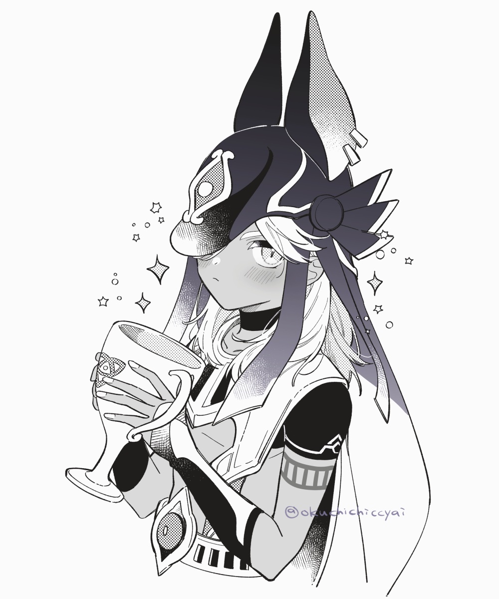 1boy, animal_ears, blush, chalice, cowboy_shot, cup, cyno_(genshin_impact), dark-skinned_male