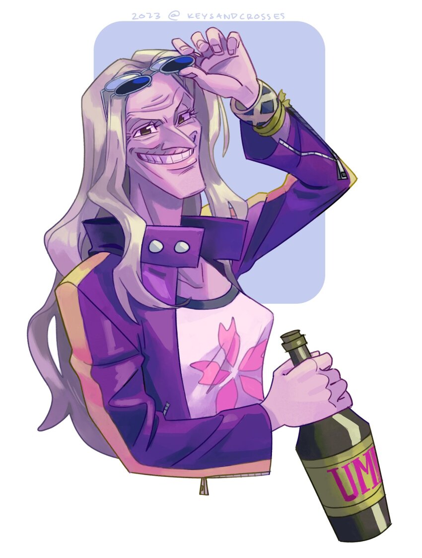 1girl, adjusting_eyewear, bottle, breasts, cropped_torso, dr._kureha, grey_hair, grin