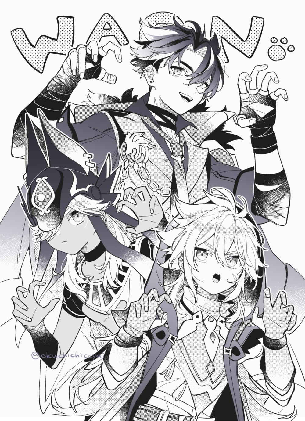 3boys, ahoge, bishounen, black_hair, bone_necklace, cowboy_shot, cyno_(genshin_impact), dark-skinned_male, dark_skin, genshin_impact, gloves, greyscale, highres, long_hair, male_focus, monochrome, multicolored_hair, multiple_boys, okuchichiccyai, open_mouth, paw_pose, razor_(genshin_impact), short_hair, simple_background, smile, streaked_hair, white_background, white_hair, wriothesley_(genshin_impact)