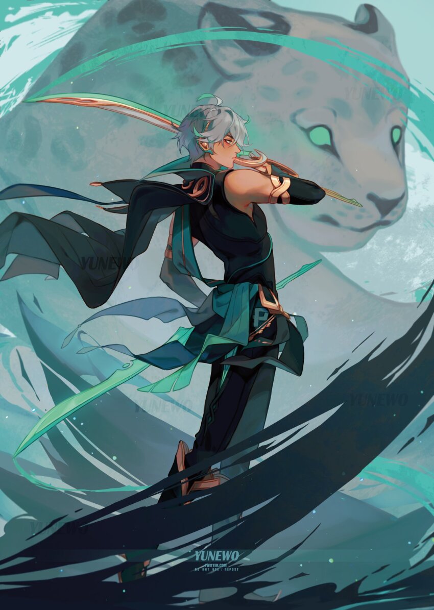 1boy, ahoge, alhaitham_(genshin_impact), bishounen, from_side, full_body, genshin_impact, green_eyes