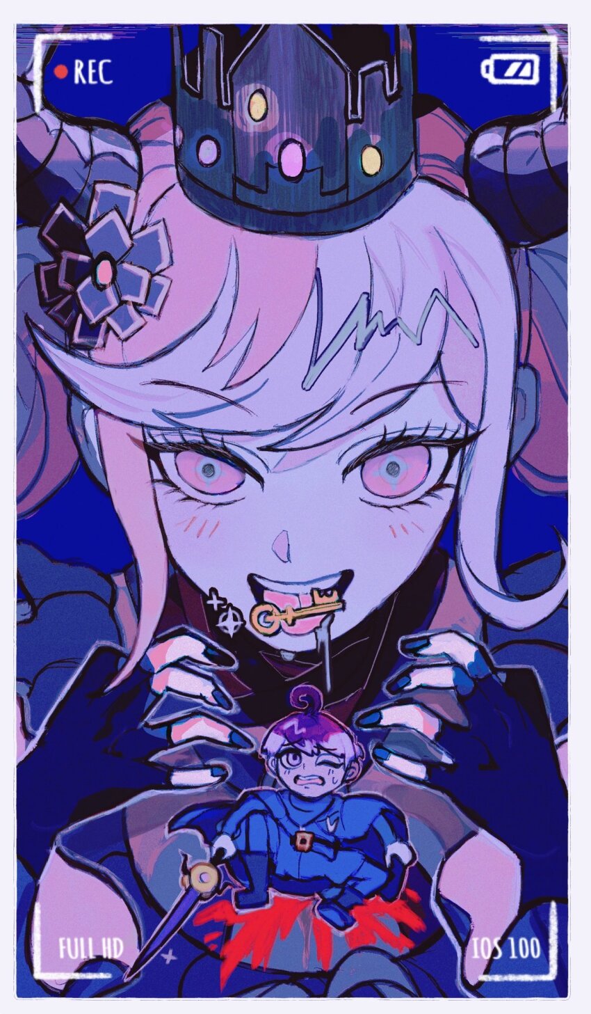 1boy, 1girl, ahoge, battery_indicator, black_flower, black_gloves, black_horns, black_nails