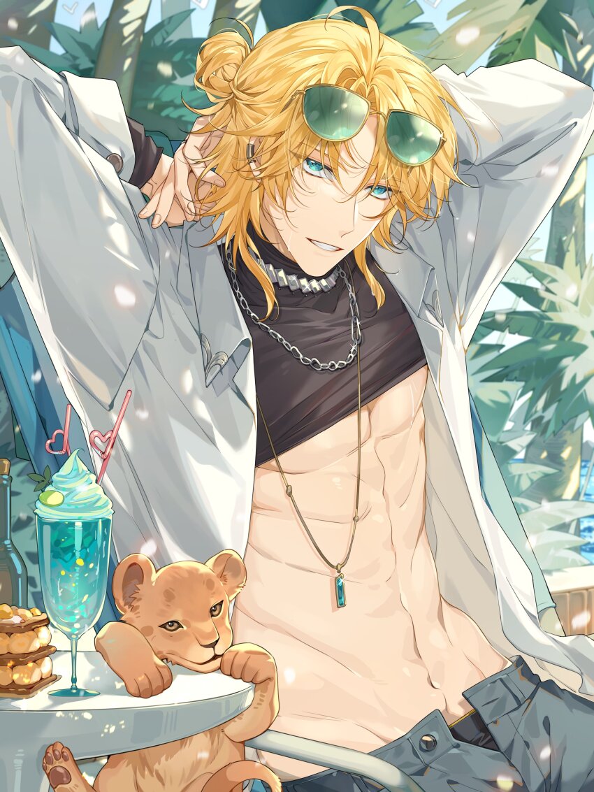1boy, abs, absurdres, aqua_eyes, arms_behind_head, black_shirt, blonde_hair, bottle