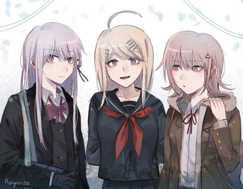 3girls, :d, aayoii_00, ahoge, akamatsu_kaede, arms_behind_back, artist_name, black_gloves