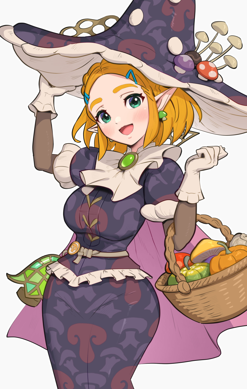 1girl, :d, absurdres, arm_up, basket, black_dress, blonde_hair, braid