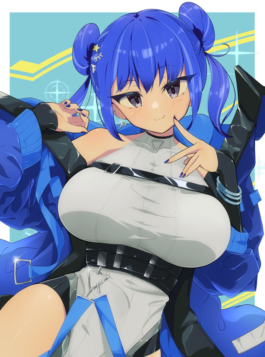 1girl, absurdres, blue_hair, blue_nails, breasts, chest_belt, double_bun, duel_monster, evil_twin_lil-la, evil_twin_lil-la_(alternate_art), hair_bun, hands_up, highres, jacket, large_breasts, leotard, lil-la_(yu-gi-oh!), official_alternate_costume, open_clothes, open_jacket, purple_eyes, solo, urasuka, yu-gi-oh!