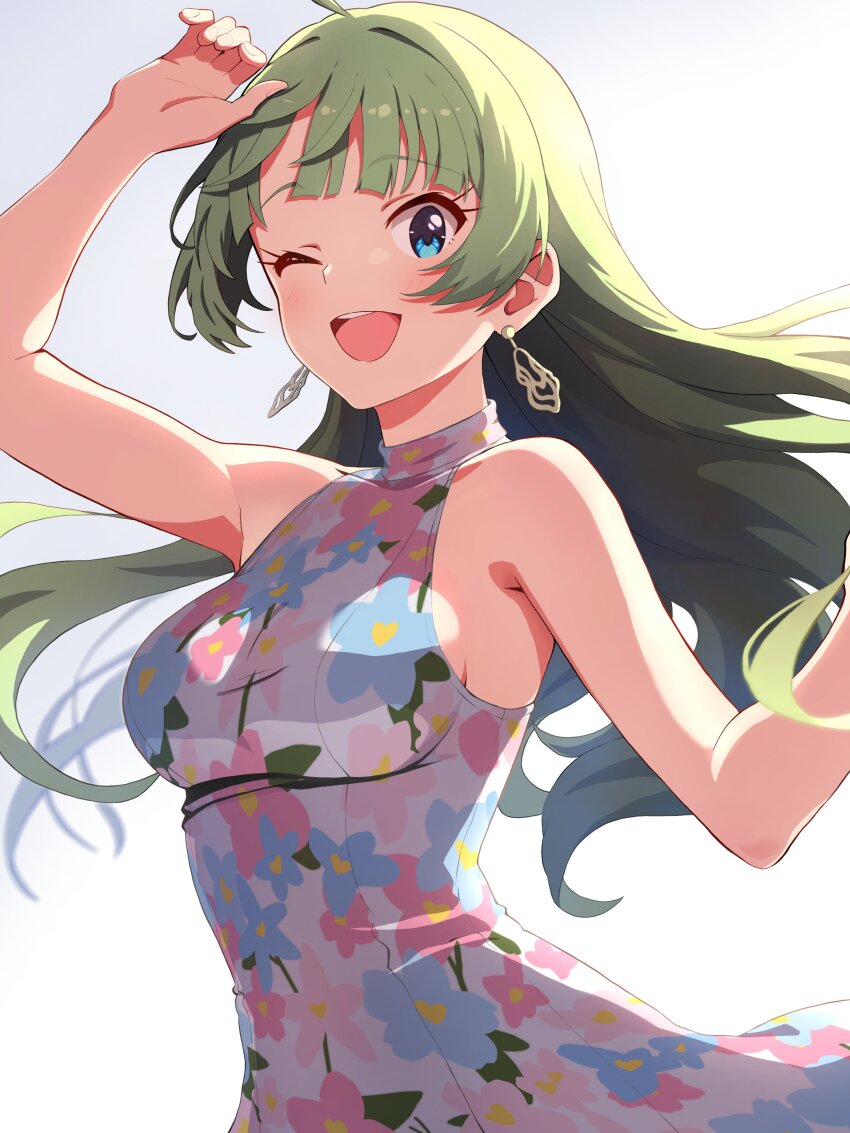 absurdres, aqua_eyes, dress, earrings, floral_print, green_hair, highres, idolmaster