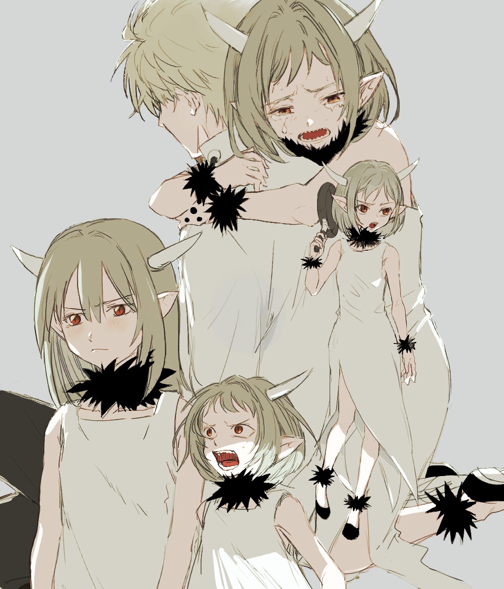1boy, 1girl, arm_at_side, blonde_hair, corleo_(mamayuyu), crying, dress, frying_pan, fur_collar, grey_background, holding, holding_frying_pan, horns, hug, hug_from_behind, mamama_(mamayuyu), mamayuyu, multiple_views, pointy_ears, red_eyes, sharp_teeth, short_hair, sigil, sitting, standing, teeth, wazu_(wawa_pe), white_dress, wristband