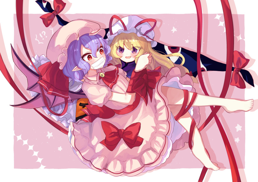 !?, 2girls, absurdres, aged_down, barefoot, bat_wings, bound, bound_arms, carrying, commission, dress, gag, gagged, hat, highres, improvised_gag, kidnapped, kidnapping, looking_at_another, mob_cap, multiple_girls, pink_dress, pink_headwear, pixiv_commission, pointy_ears, princess_carry, purple_eyes, purple_hair, red_eyes, red_ribbon, remilia_scarlet, ribbon, scared, smile, tape, tape_gag, tomomasa_(coralsea23), touhou, white_headwear, wings, yakumo_yukari, yuri