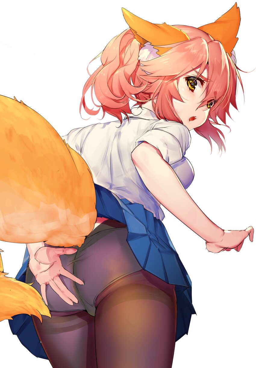 1girl, absurdres, animal_ear_fluff, animal_ears, ass, blue_skirt, breasts, brown_pantyhose, fate/extra, fate_(series), fox_ears, fox_girl, fox_tail, hair_between_eyes, highres, large_breasts, long_hair, looking_at_viewer, looking_back, mogullaz, open_mouth, panties, panties_under_pantyhose, pantyhose, pink_hair, pleated_skirt, shirt, short_sleeves, sidelocks, skirt, solo, tail, tamamo_jk_(fate), tamamo_no_mae_(fate), twintails, underwear, white_shirt, yellow_eyes