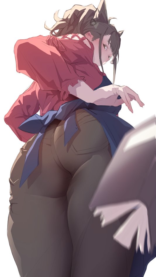 1girl, apron, ass, blue_apron, book, brown_eyes, brown_hair, denim