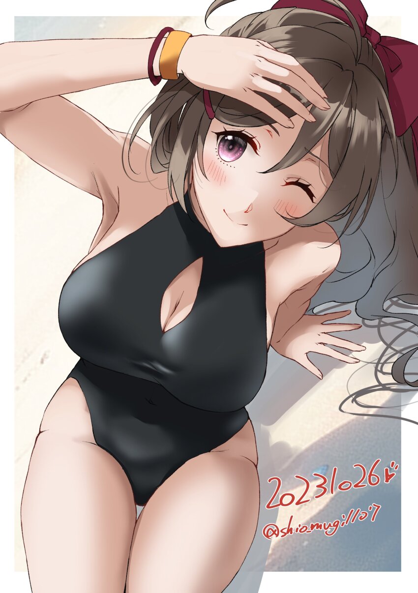 1girl, absurdres, ahoge, black_one-piece_swimsuit, bow, breasts, brown_hair, casual_one-piece_swimsuit