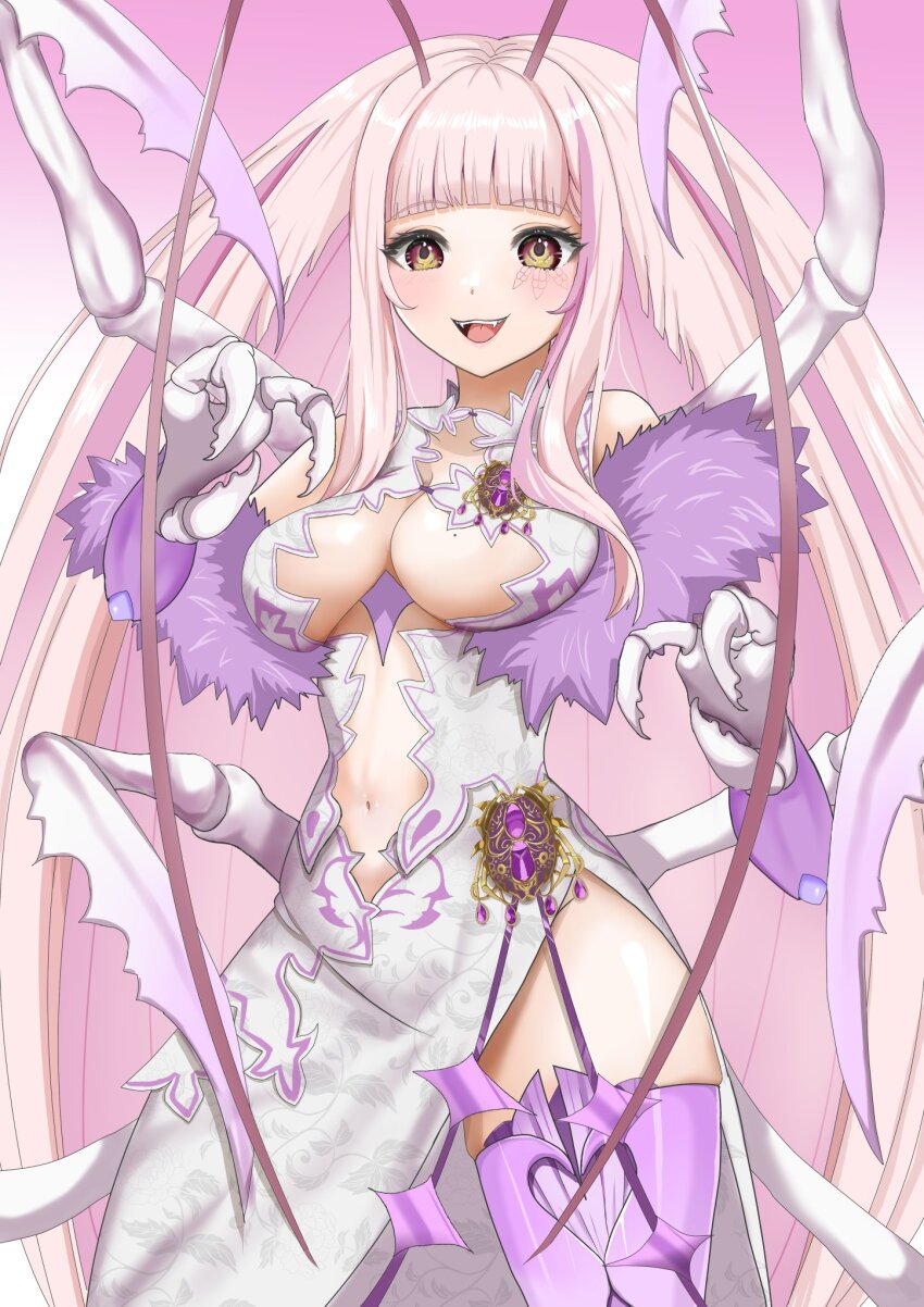 1girl, antenna_hair, arthropod_girl, blunt_bangs, blush, breasts, cleavage, cleavage_cutout