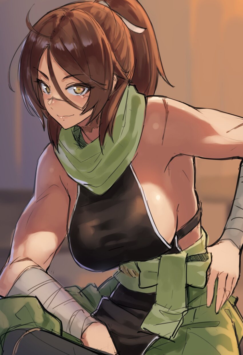 1girl, bandaged_arm, bandages, breasts, brown_hair, fate/grand_order, fate_(series), female_focus, green_scarf, hand_on_own_hip, high_ponytail, highres, indoors, large_breasts, long_hair, looking_at_viewer, muscular, muscular_female, ponytail, ranma_(kamenrideroz), scar, scar_on_face, scar_on_nose, scarf, sideboob, sidelocks, sitting, smile, solo, sugitani_zenjubou_(fate), sugitani_zenjubou_(third_ascension)_(fate), yellow_eyes