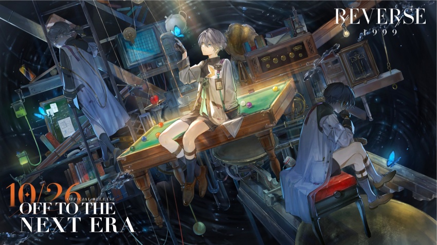 1boy, apple, ball, billiard_ball, black_gloves, black_shirt, black_shorts, black_socks, blue_butterfly, blue_ribbon, book, box, brown_footwear, bug, butterfly, butterfly_on_hand, can, cardiogram, chalkboard, climbing_ladder, coat, commentary, copyright_name, cross-laced_clothes, cross-laced_top, cup, display_case, drink_can, english_commentary, english_text, food, fork, fruit, gloves, grey_hair, hataya, high_collar, highres, id_card, insect, ladder, light_bulb, logo, looking_at_viewer, looking_back, male_focus, metronome, multiple_views, on_stool, open_book, open_clothes, open_coat, paper, phonograph, pocket, pool_table, pulley, radio, reverse:1999, ribbon, ripples, rube_goldberg_machine, ruler, saucer, shelf, shirt, shoes, short_hair, shorts, sitting, socks, soda_can, spring_(object), stool, string, table, teacup, weighing_scale, white_coat, wire, x_(reverse:1999)