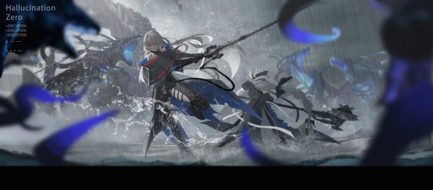 2girls, absurdres, arknights, black_dress, black_footwear, black_headwear, black_pantyhose, blurry