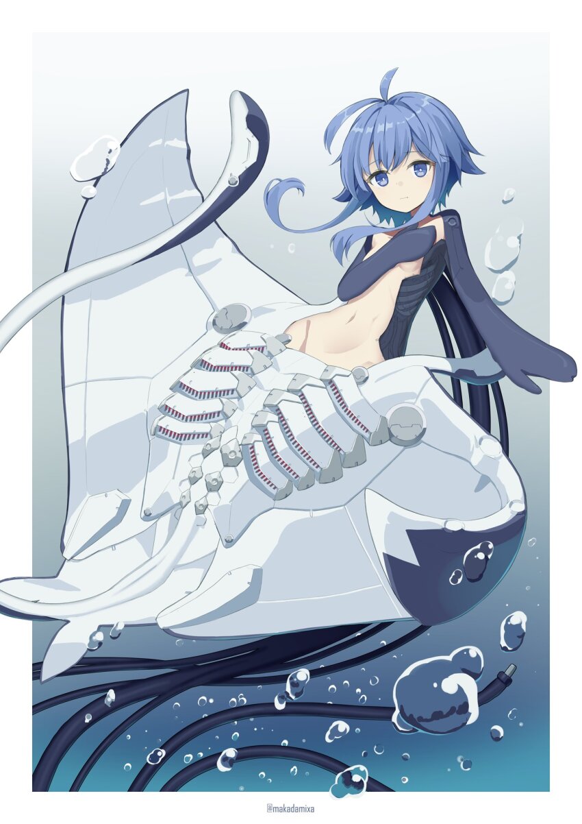 1girl, ahoge, blue_eyes, blue_hair, breasts, bubble, cable, commission