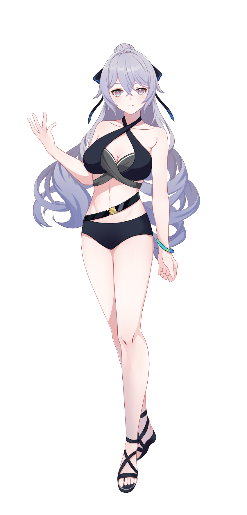 1girl, absurdres, bare_shoulders, bikini, black_bikini, black_sandals, bracelet, breasts