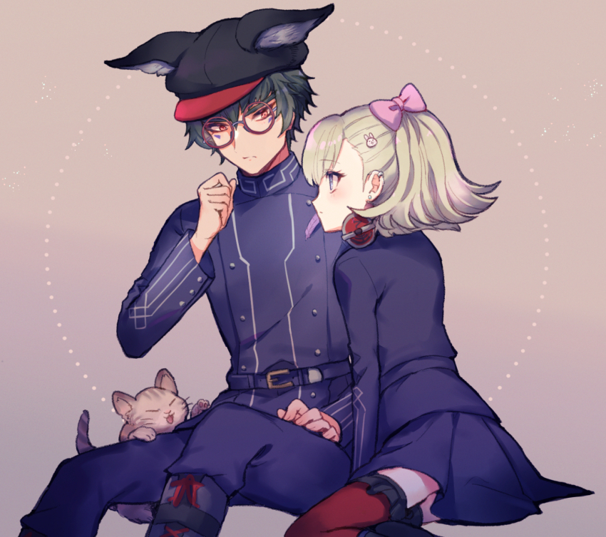 1boy, 1girl, animal_ears, animal_hat, belt, black_footwear, black_headwear, blonde_hair
