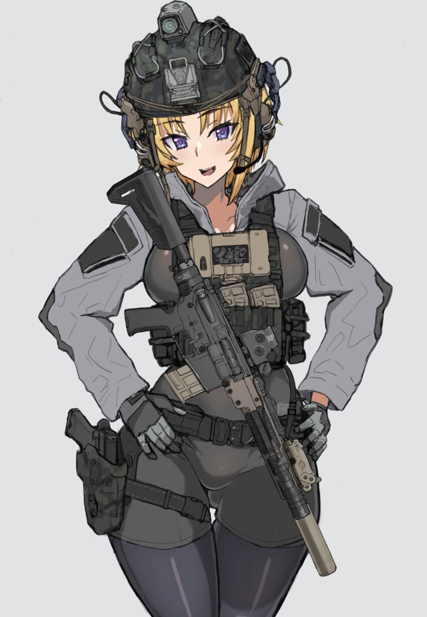 blonde_hair, earmuffs, ellen_aice, gloves, gun, hands_on_own_hips, helmet, highres