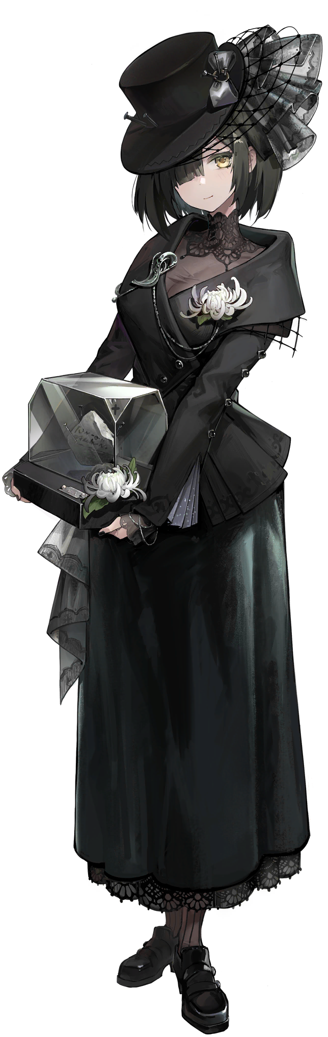 1girl, black_dress, black_gloves, black_hair, black_hat, black_shoes, breasts, chain