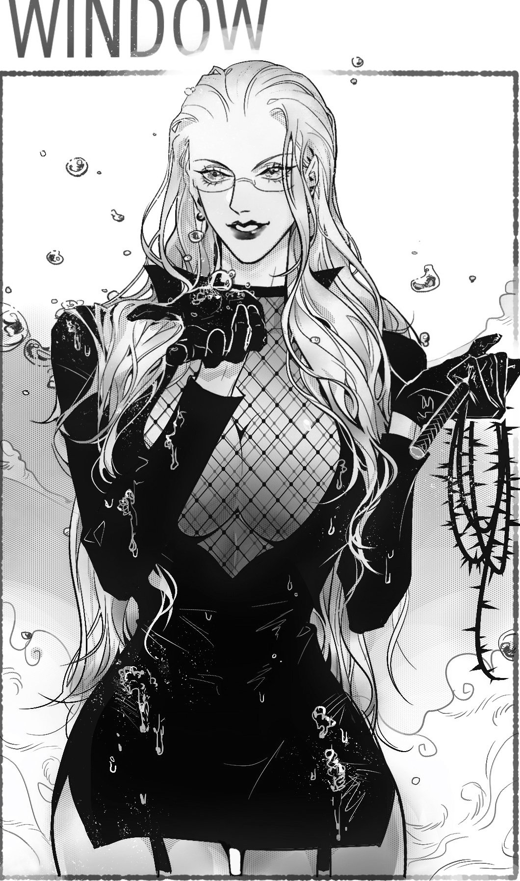 1girl, black_dress, black_gloves, breasts, collared_dress, commentary, dress, earrings, eyelashes, fishnet_top, fishnets, glasses, gloves, hair_behind_ear, hair_slicked_back, highres, holding, holding_whip, jewelry, kalifa_(one_piece), large_breasts, long_hair, looking_to_the_side, one_piece, short_dress, single_sidelock, smdsqi, smile, solo, standing, upper_body, water_drop, whip