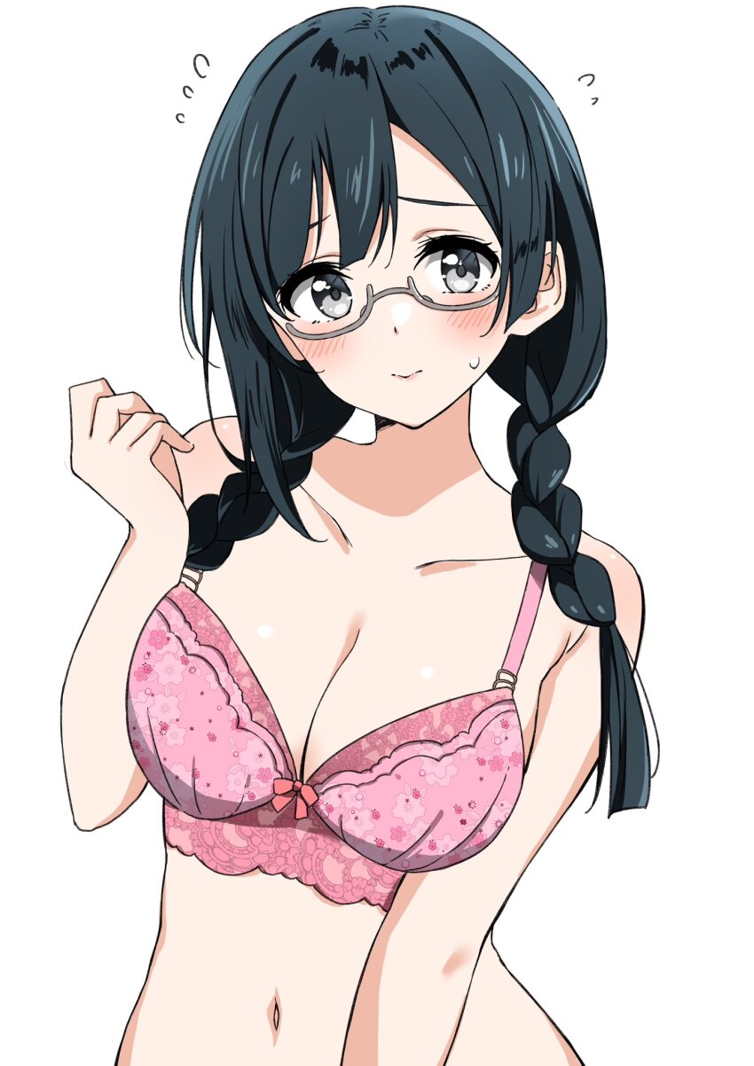 1girl, :>, bien_(djpwjd1), black_hair, blush, bow, bow_bra, bra, braid, breasts, cleavage, collarbone, commentary, floral_print, flying_sweatdrops, grey_eyes, hand_up, highres, lace, lace-trimmed_bra, lace_trim, large_breasts, long_hair, looking_at_viewer, love_live!, love_live!_nijigasaki_high_school_idol_club, nakagawa_nana, navel, pink_bra, sidelocks, solo, sweat, twin_braids, underwear, upper_body, white_background, yuki_setsuna, yuki_setsuna_(love_live!)