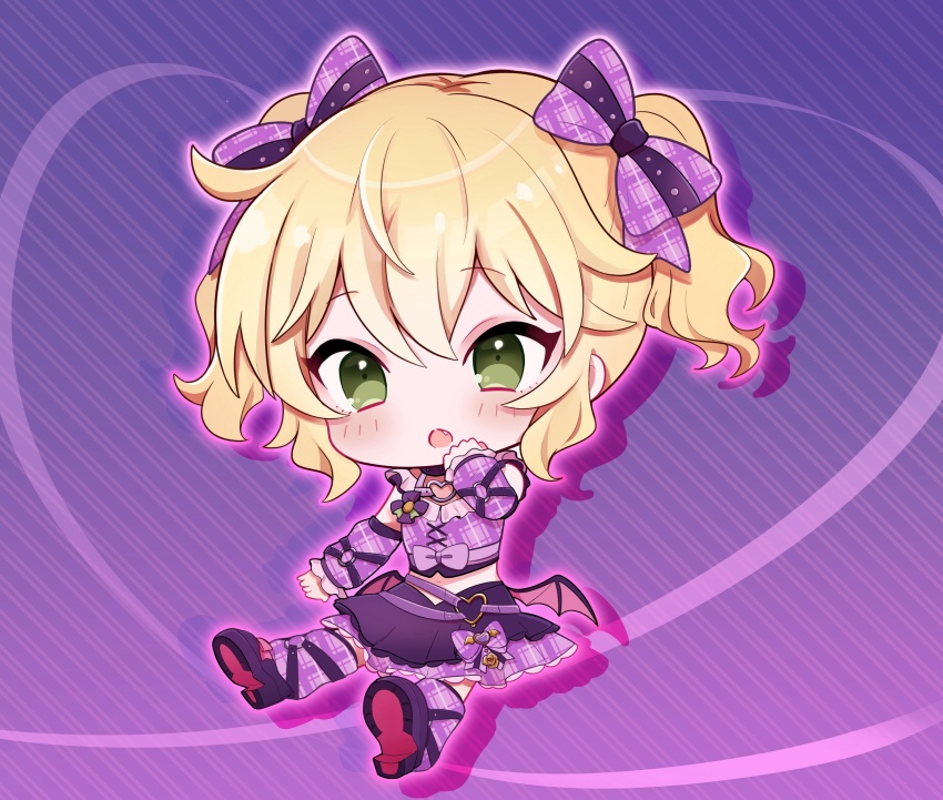 1girl, :o, black_footwear, blonde_hair, blush, bow, checkered_clothes, chibi