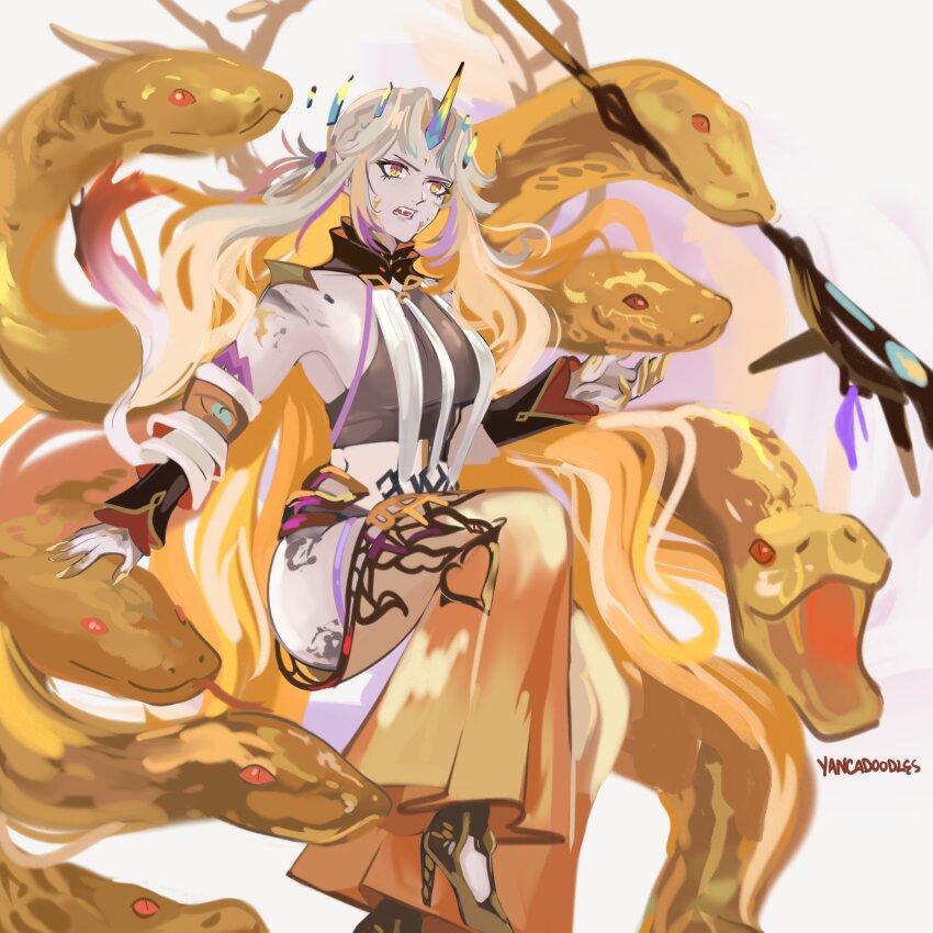 1girl, absurdres, bare_shoulders, fire_emblem, fire_emblem_heroes, full_body, gold, gullveig_(fire_emblem), gullveig_(seer_beyond_time)_(fire_emblem), highres, horns, long_hair, nintendo, open_mouth, single_horn, snake, solo, yancadoodles, yellow_eyes